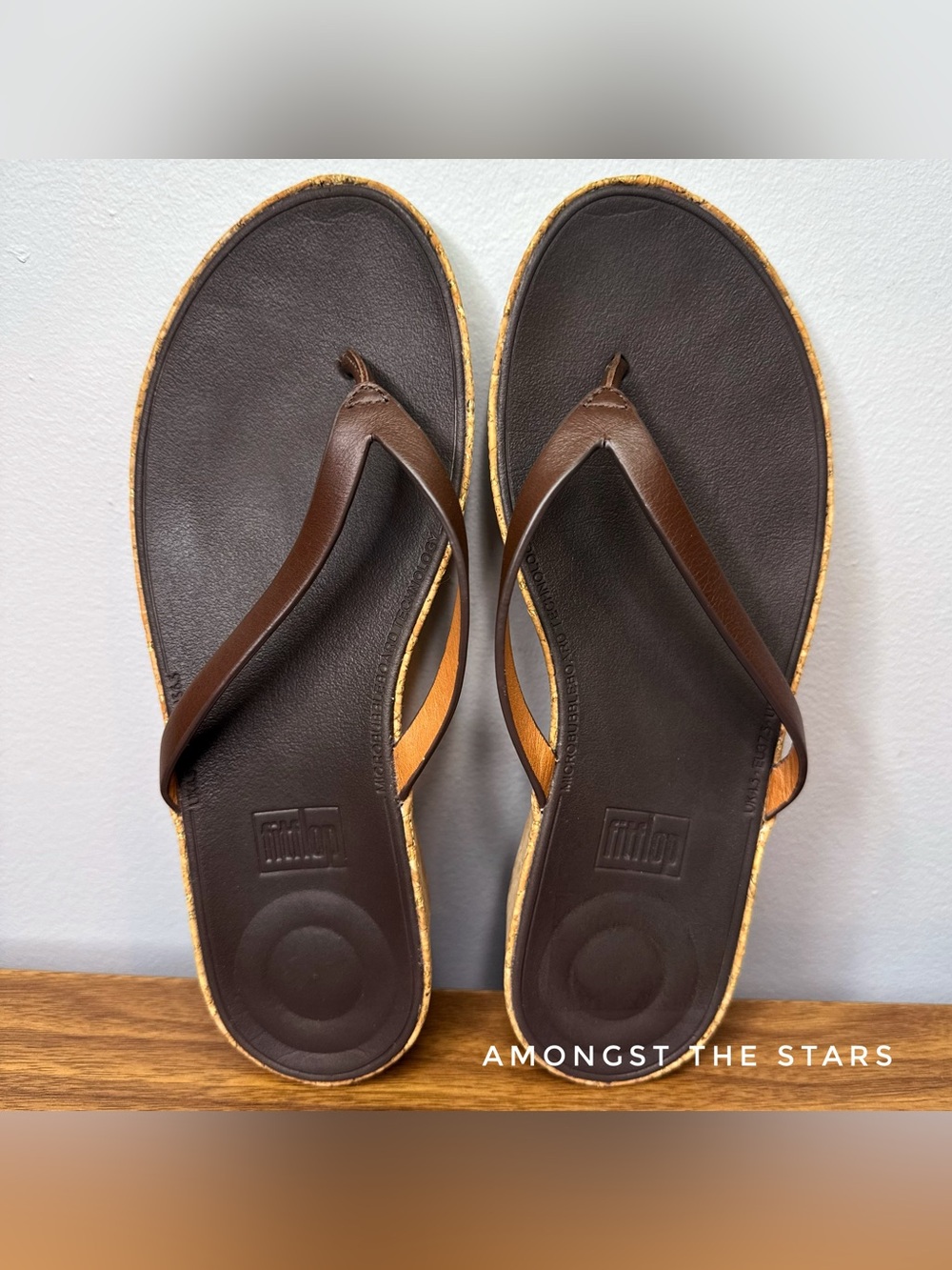 FitFlop Linny Brown Leather Cork Wedge Thong Sandals